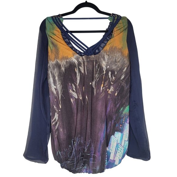 Save the Queen Blouse Womens XL Artsy Sheer Mesh Colorful Abstract Boho Y2k City - Picture 2 of 10